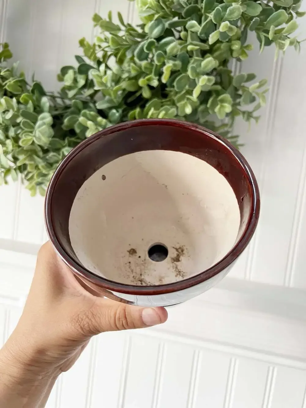 Vintage CDP Brown and White Striped Ceramic Planter Pot with Drip Tray